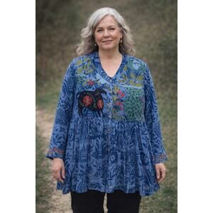 Gudrun Sjöden Womens Rare Chandra Tunic Embroidered Horse Flowers Bell Sleeve XL